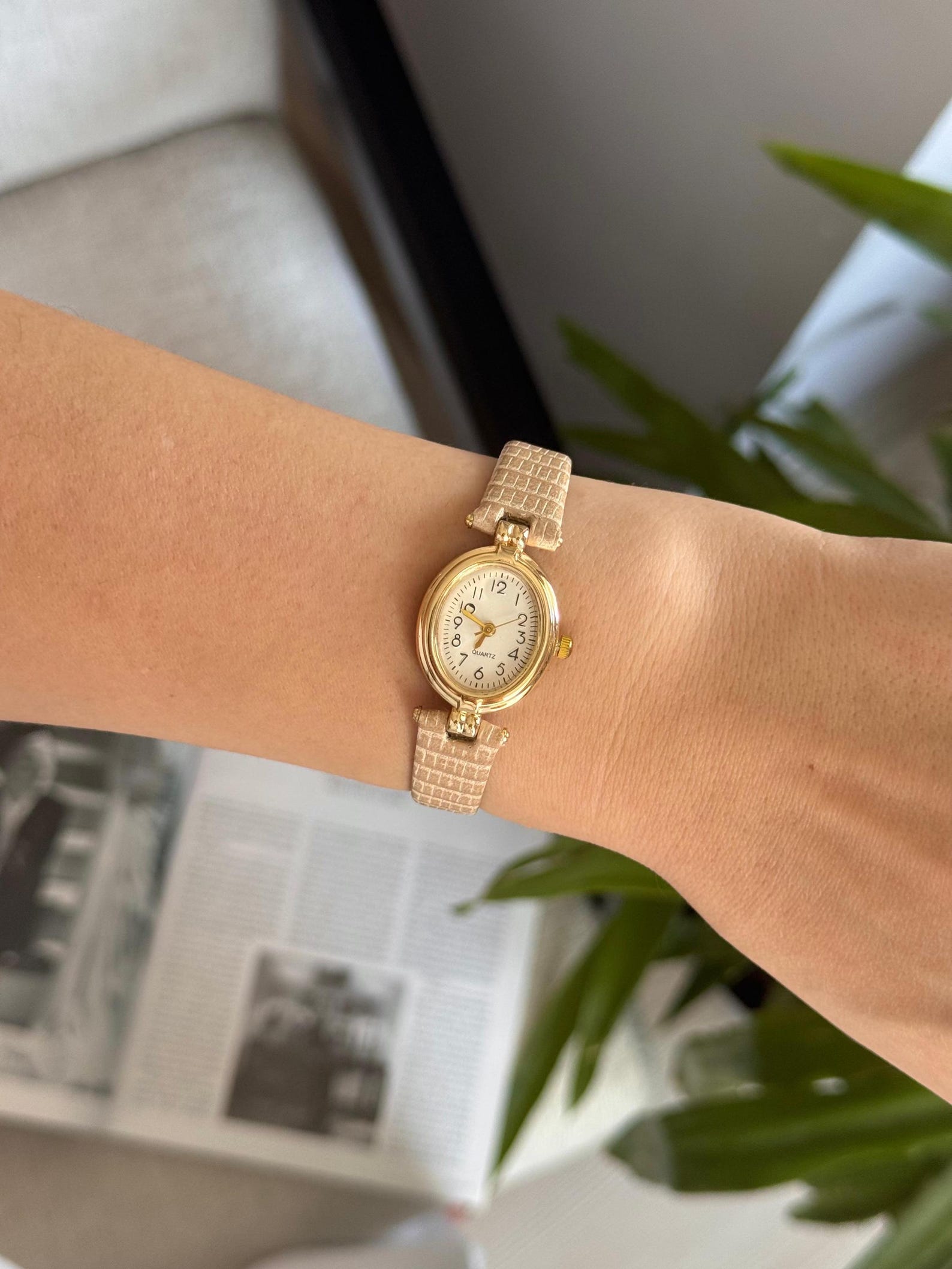 Women’s Gold Watch: Oval Case, Quartz Leather Strap,Gift for her