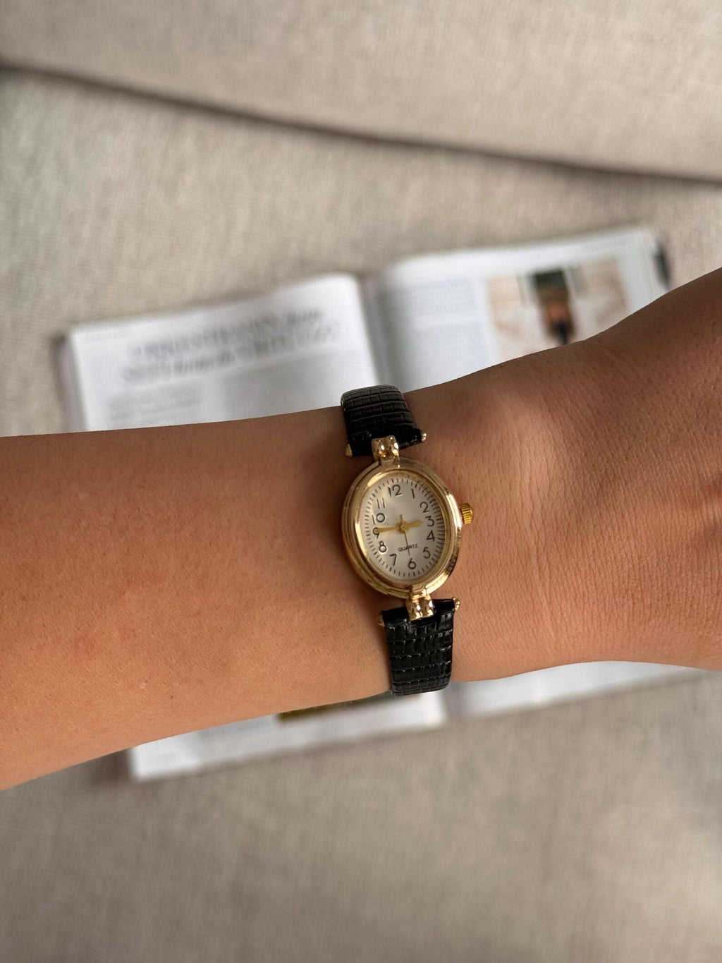Women’s Gold Watch: Oval Case, Quartz Leather Strap,Gift for her