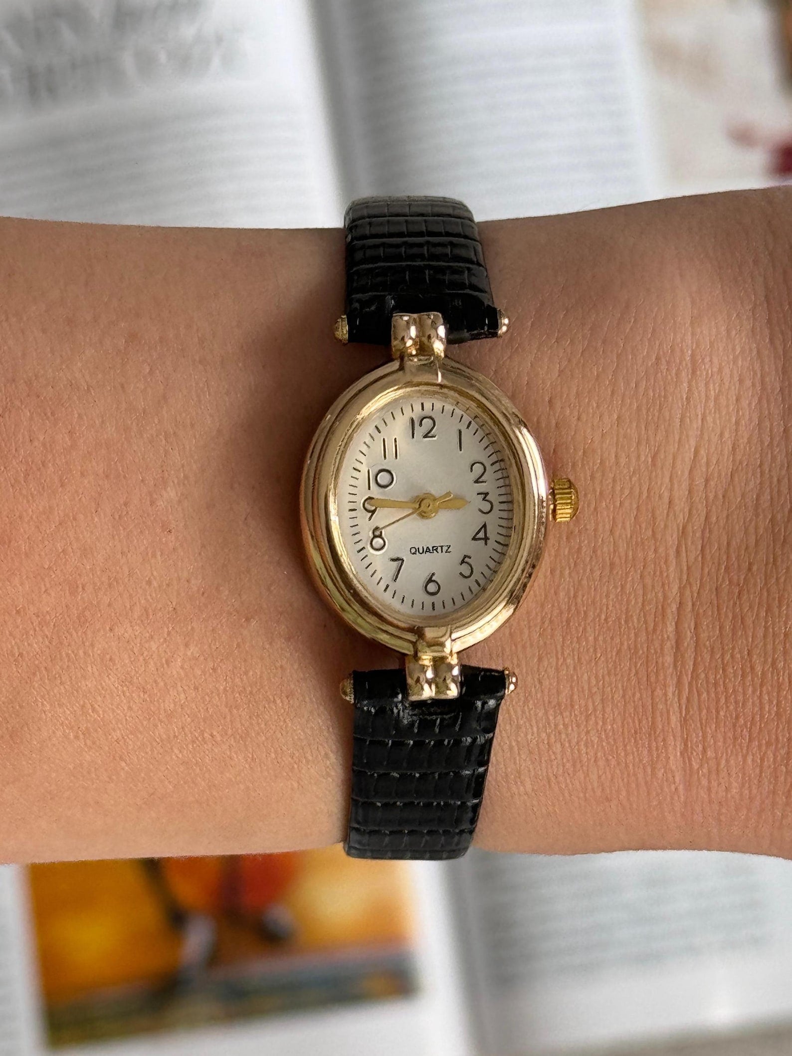 Women’s Gold Watch: Oval Case, Quartz Leather Strap,Gift for her