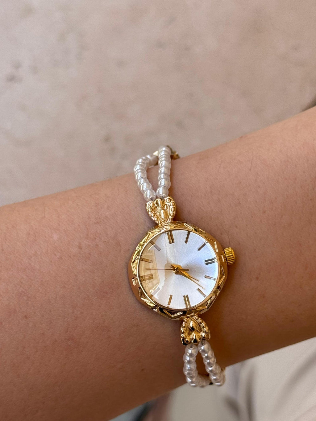 Minimalist Women’s Watch, Gold Pearl Beaded Bracelet, Dainty Timepiece, Gift for Her