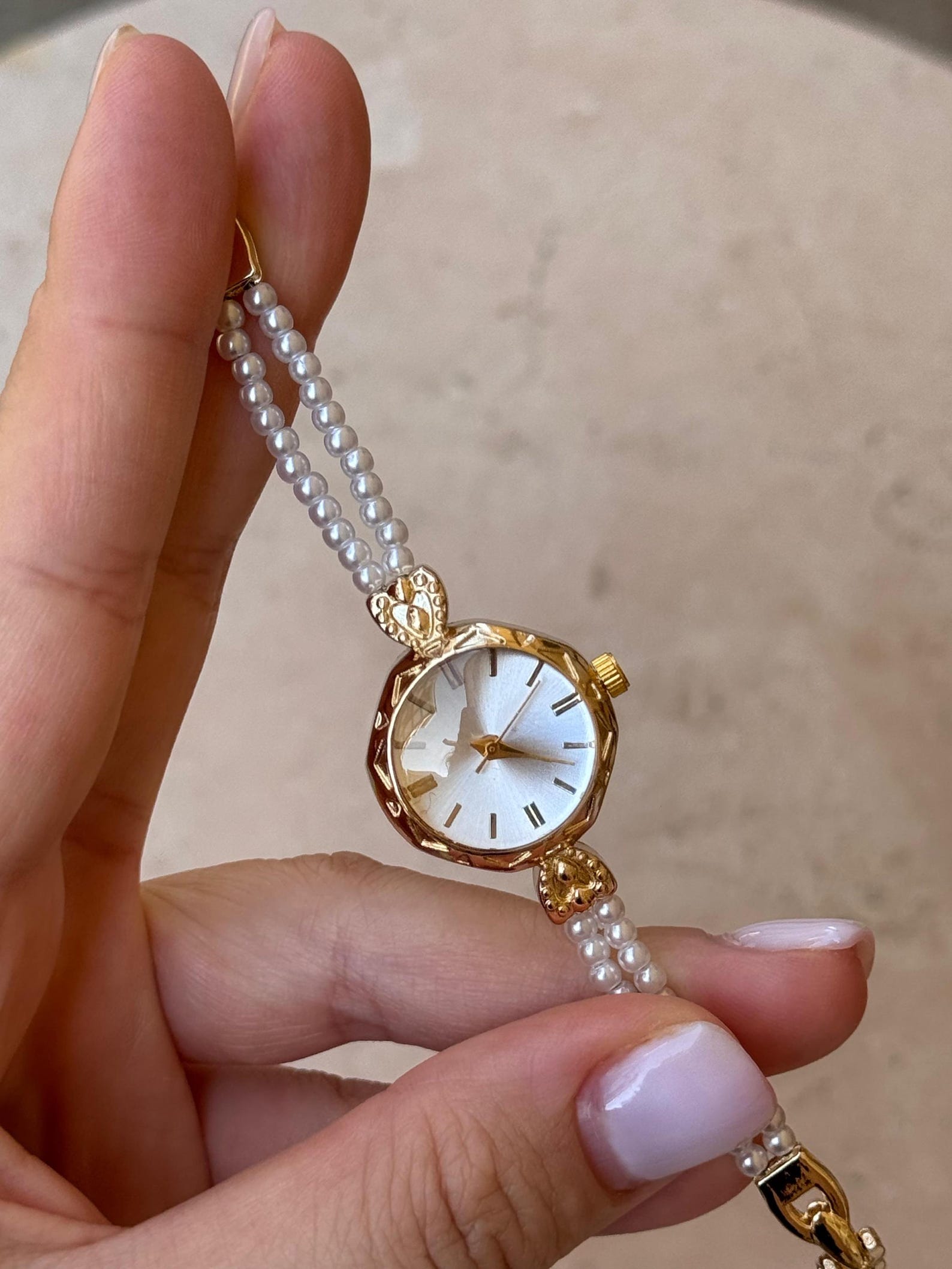 Minimalist Women’s Watch, Gold Pearl Beaded Bracelet, Dainty Timepiece, Gift for Her