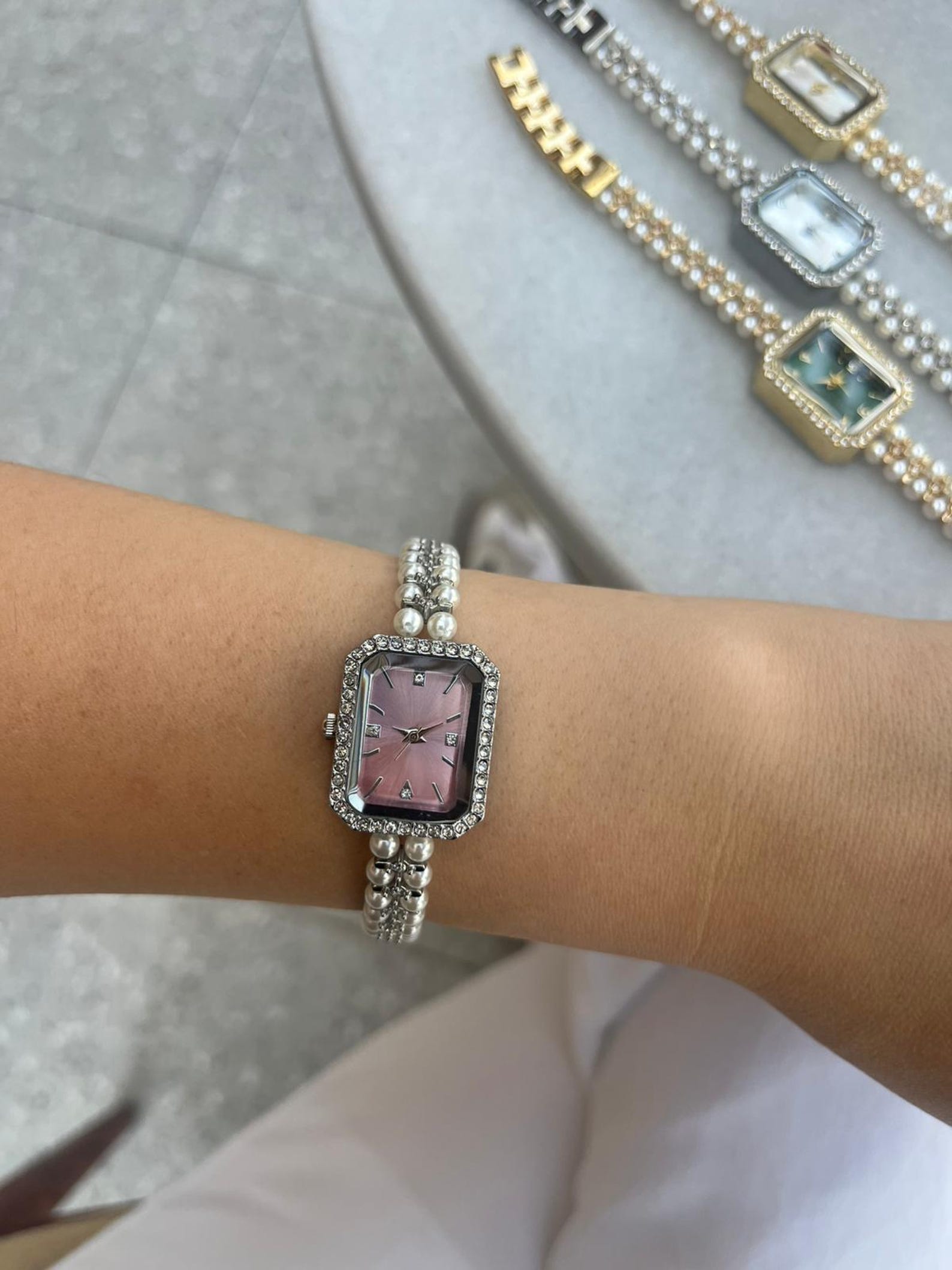 Pearl Bracelet Women’s Watch, Rectangular Dial 26–30mm, Gift for Her