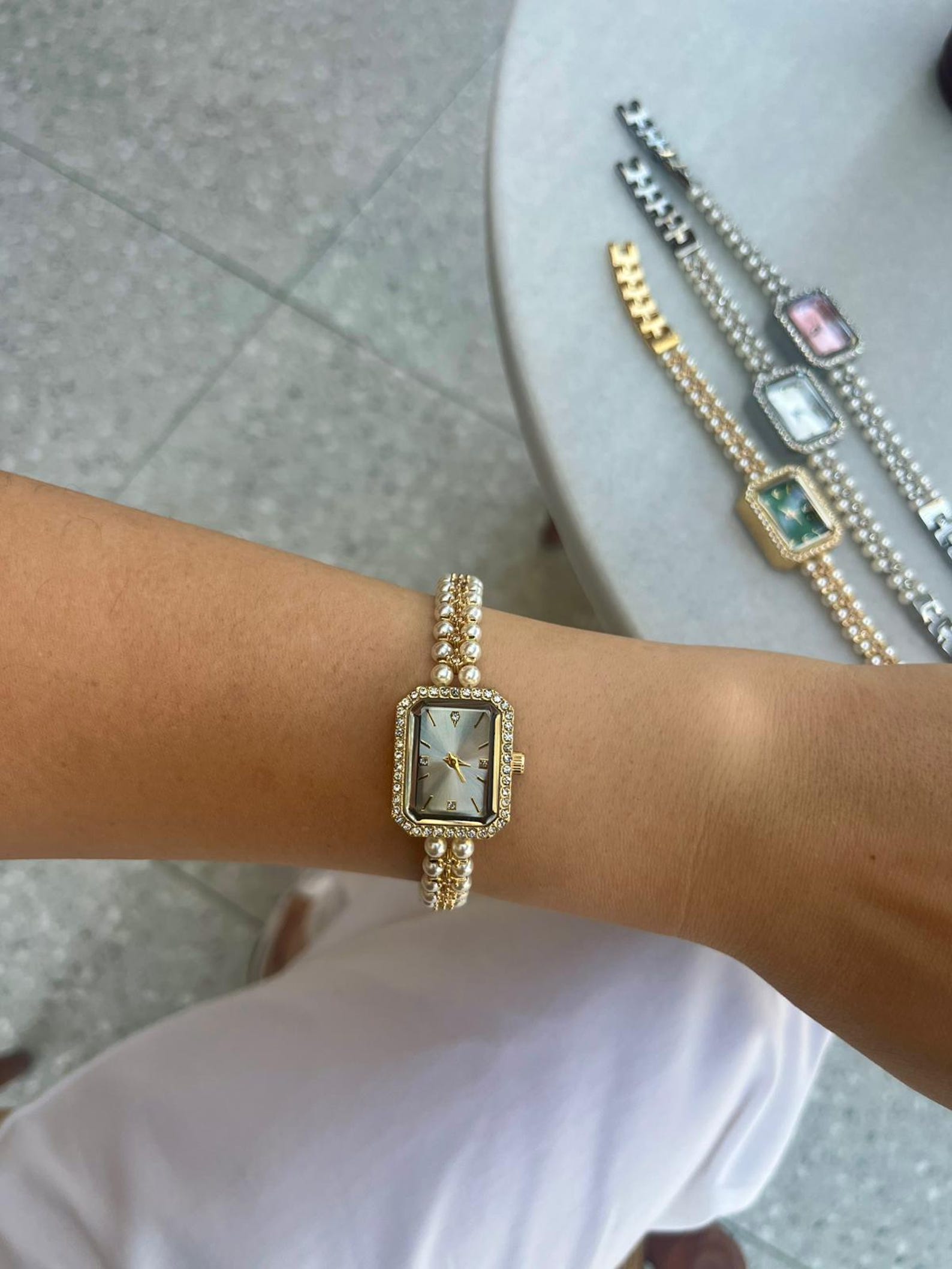 Pearl Bracelet Women’s Watch, Rectangular Dial 26–30mm, Gift for Her