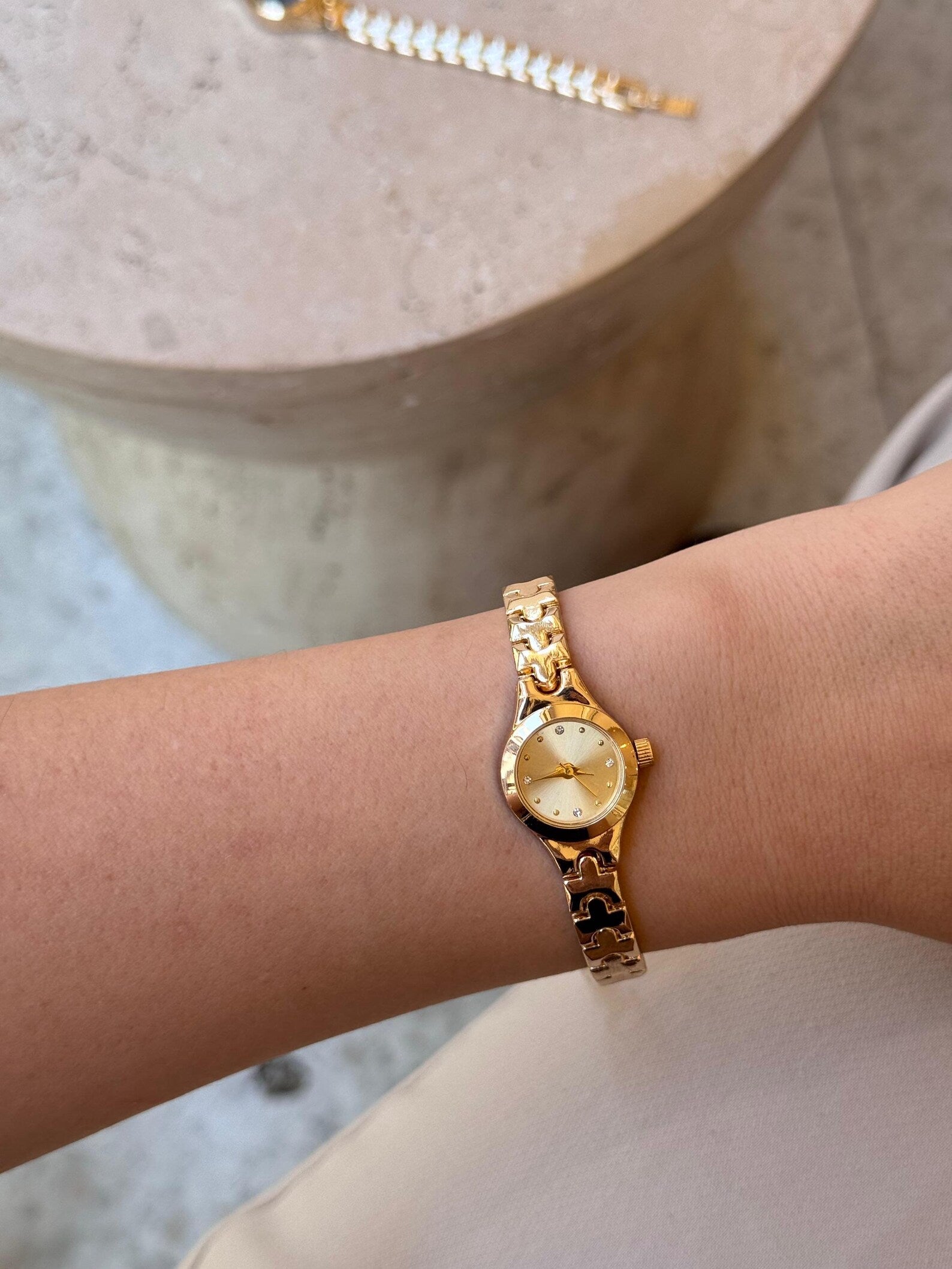 Gold Women’s Watch, Elegant Dial with Crystal Markers, Classic Bracelet,  Gift for Her