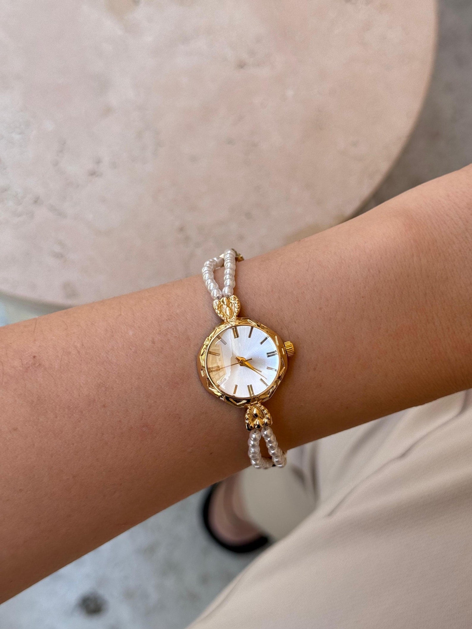 Minimalist Women’s Watch, Gold Pearl Beaded Bracelet, Dainty Timepiece, Gift for Her
