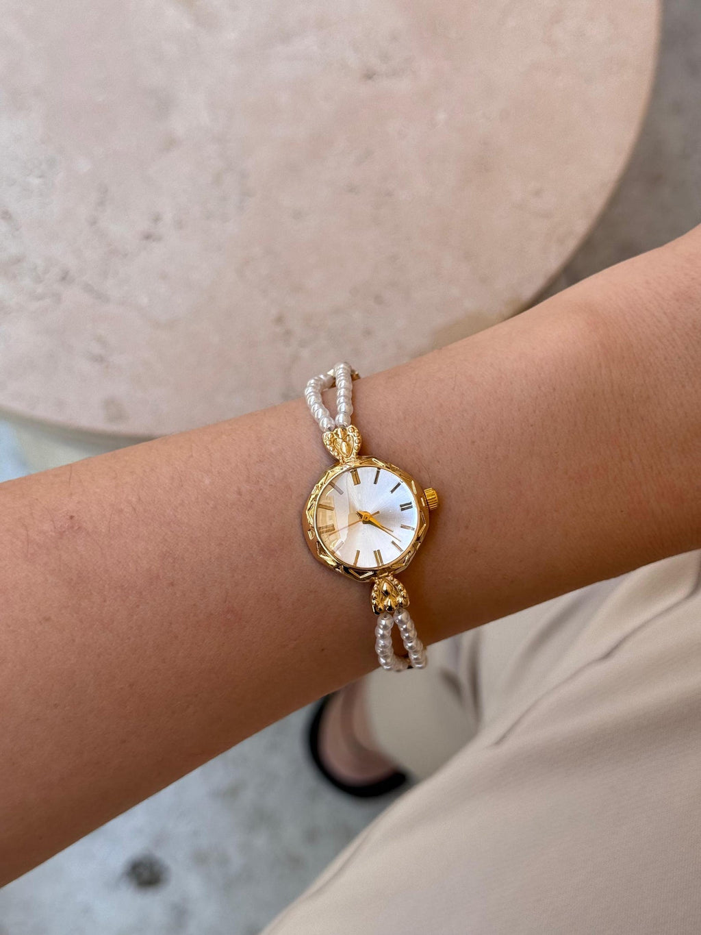 Minimalist Women’s Watch, Gold Pearl Beaded Bracelet, Dainty Timepiece, Gift for Her