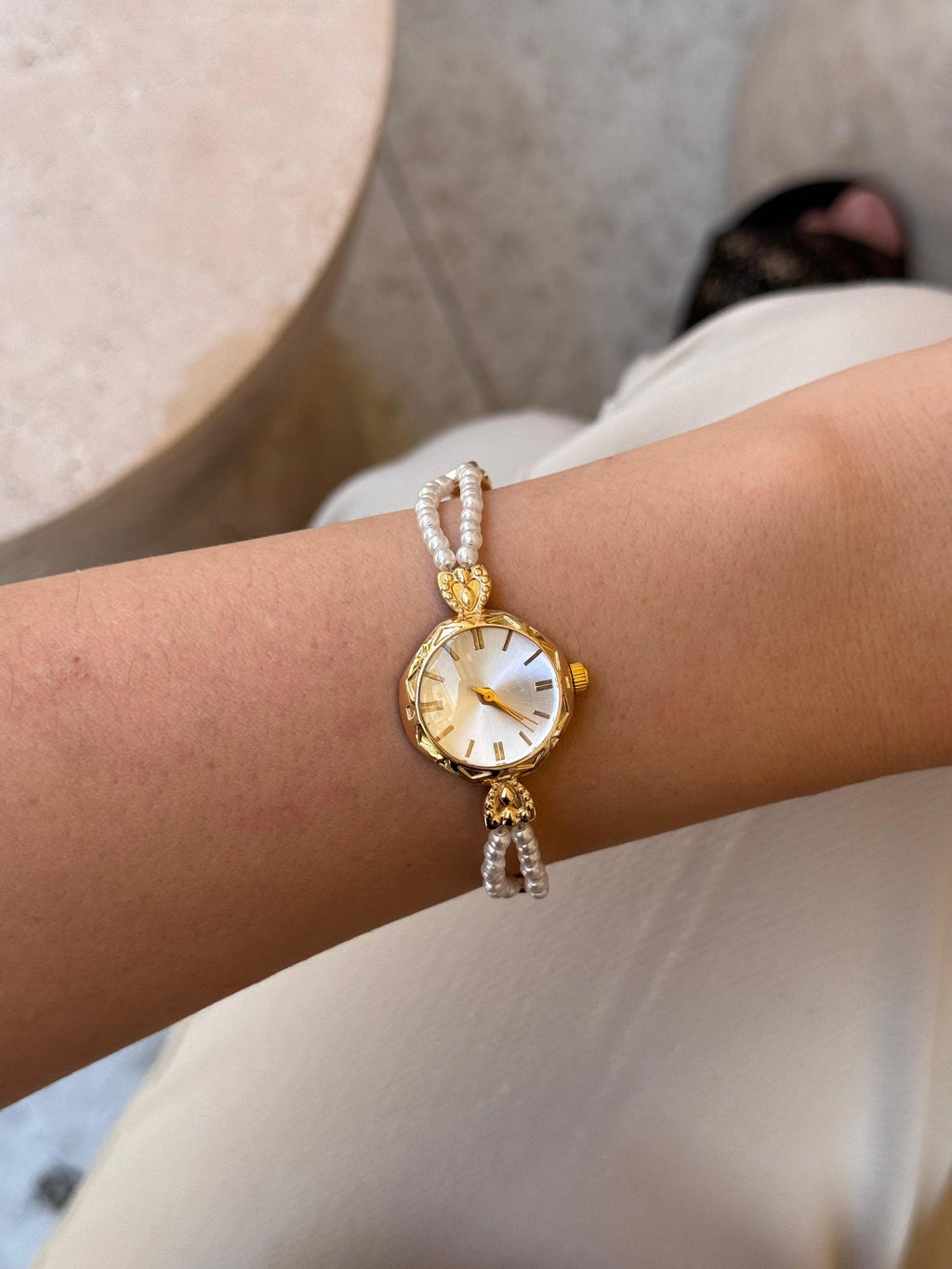 Minimalist Women’s Watch, Gold Pearl Beaded Bracelet, Dainty Timepiece, Gift for Her