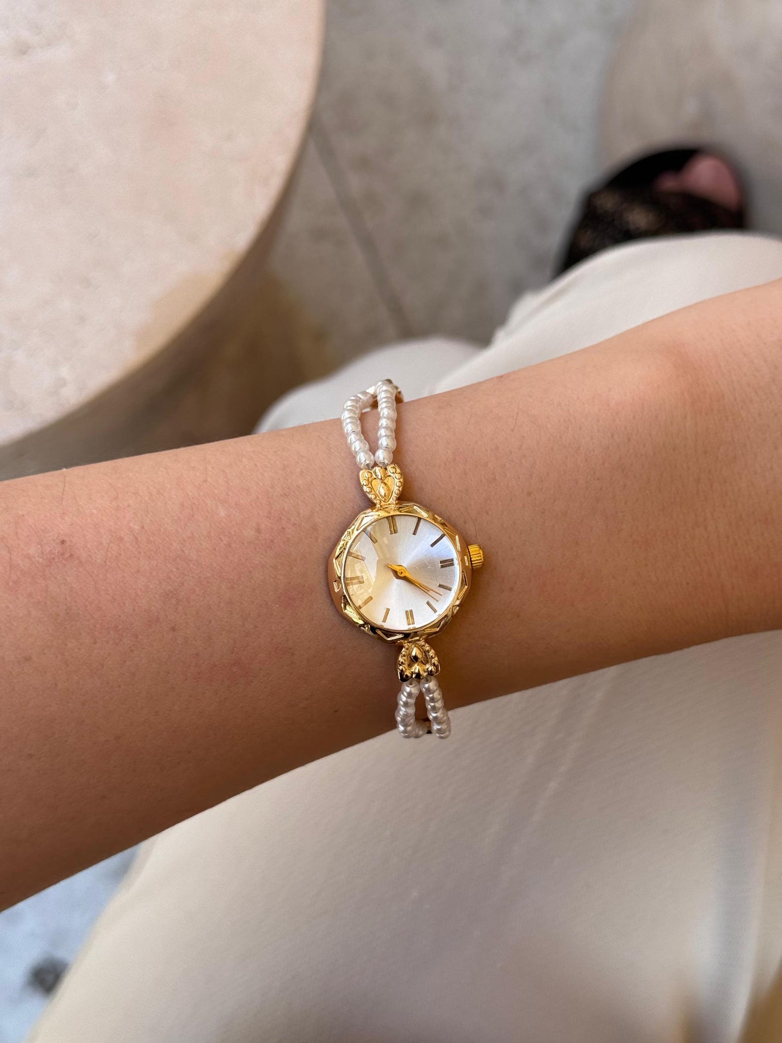 Minimalist Women’s Watch, Gold Pearl Beaded Bracelet, Dainty Timepiece, Gift for Her