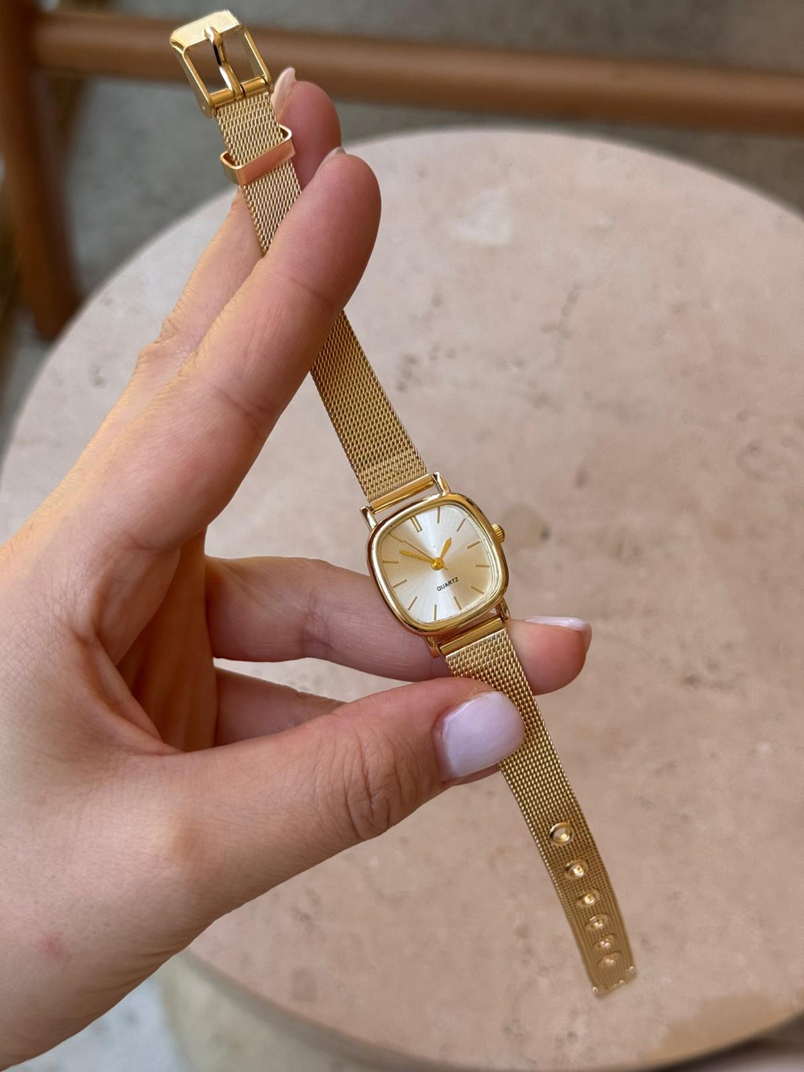 Gold Women’s Watch, Mesh Bracelet, Small Dial Quartz Watch, Gift for Her