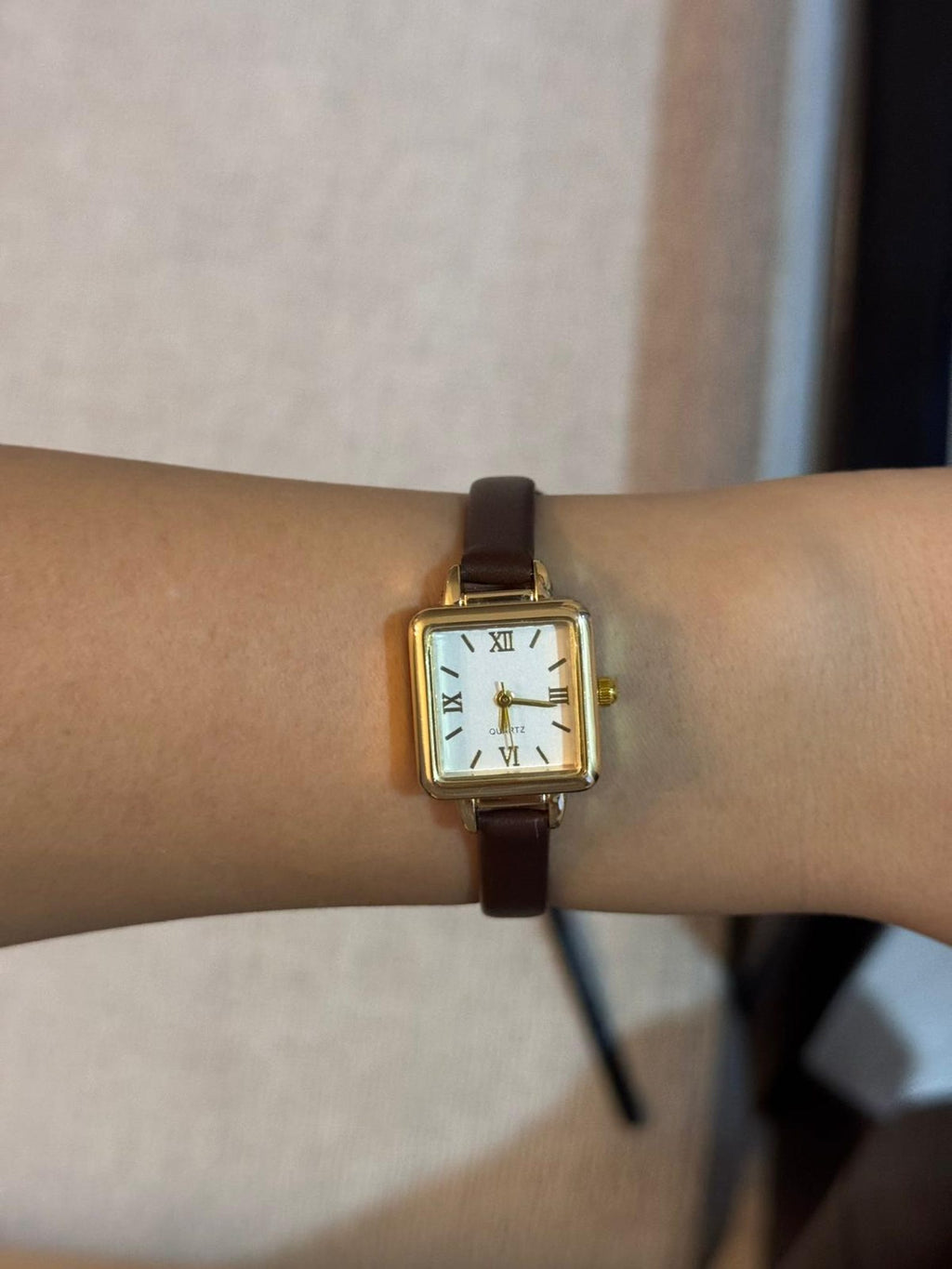 Square Gold Women's Watch, Minimalist Faux Leather Strap, Small Dainty Watch, Gift for Her