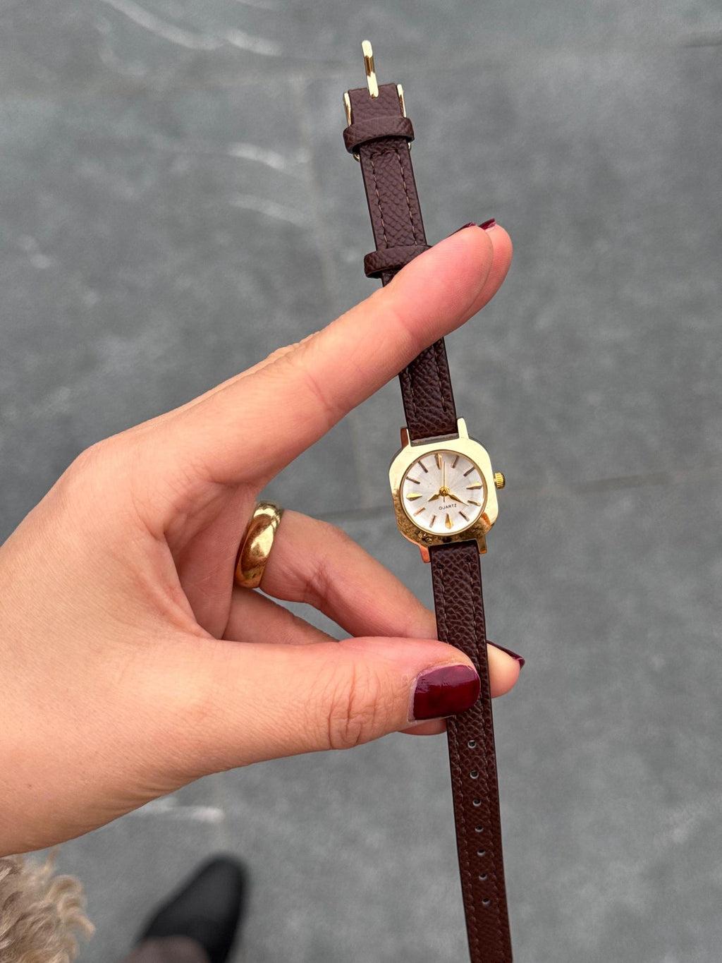 Gold Women’s Watch, Small Dial, Faux Leather Strap, Gift for Her