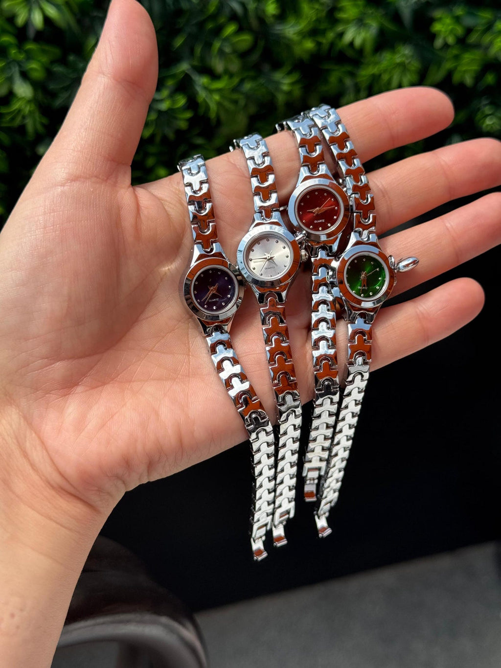 Silver Women Watch, Burgundy Dial Bracelet Watch, Quartz Wristwatch, Elegant Gift Her Hor
